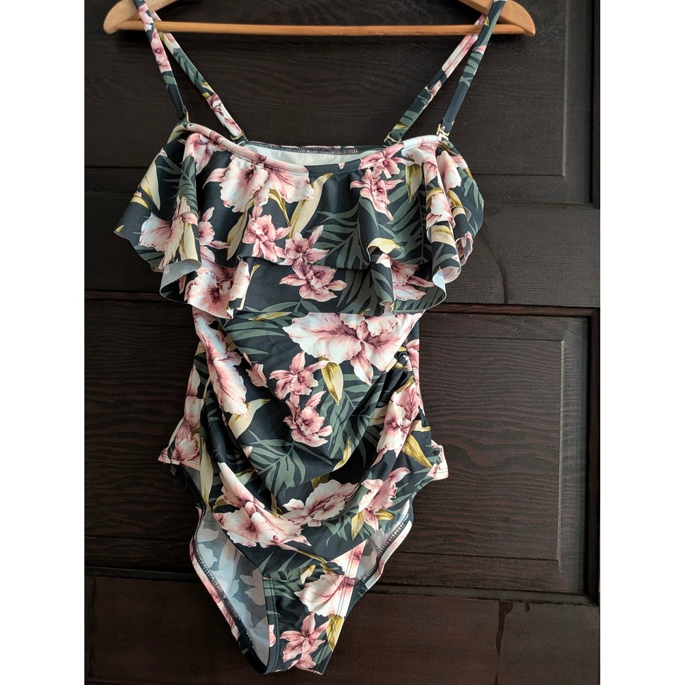 Kona Sol Womens Floral Ruffle One Piece Swimsuit Teal Pink Tropical Medium NEW